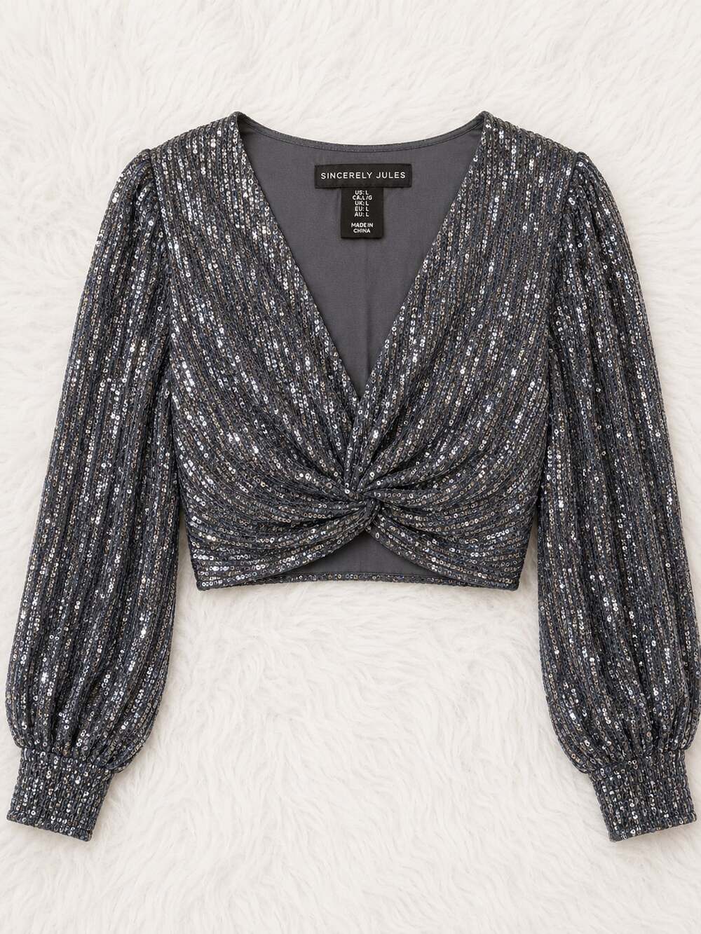 Sincerely Jules Sequin Long Sleeve V-Neck Cropped Top Size L